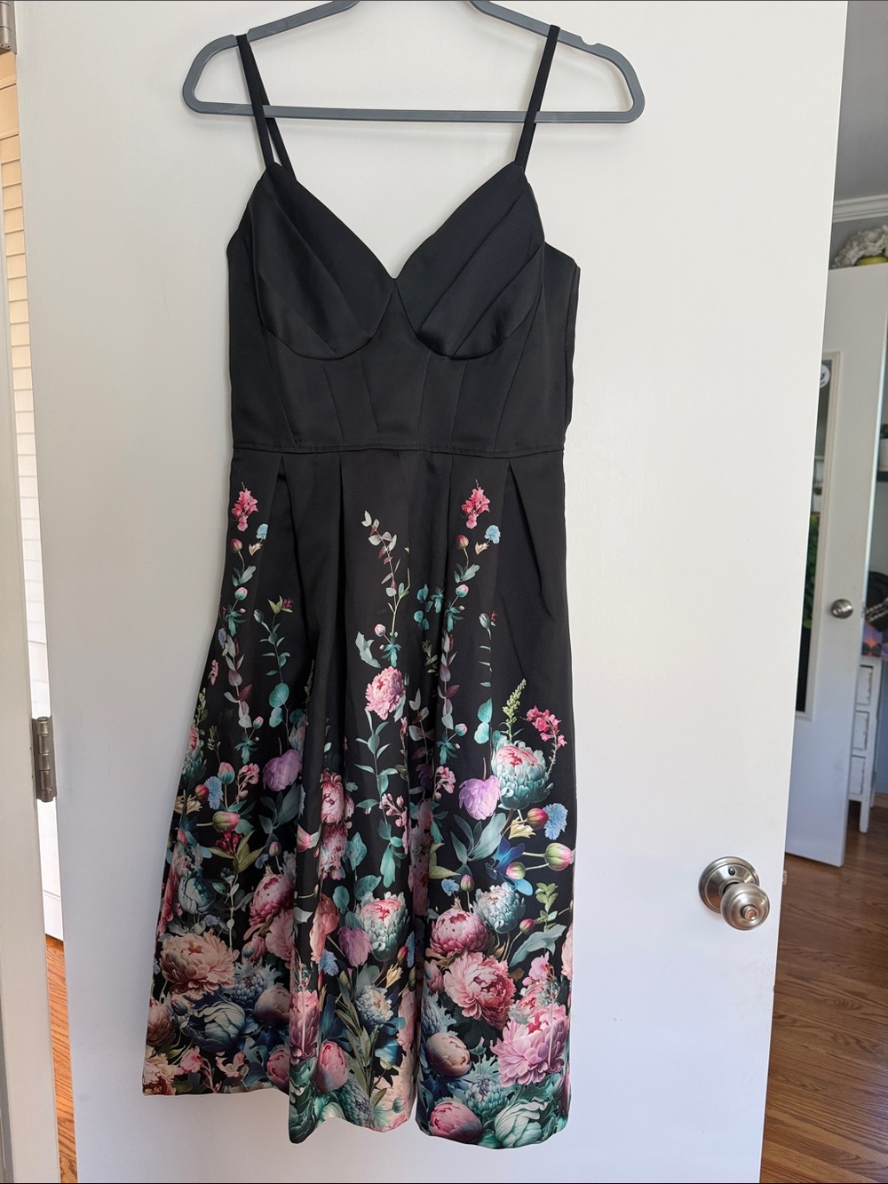 Siena Studio Black Midi Dress with Pink and Teal Floral Print